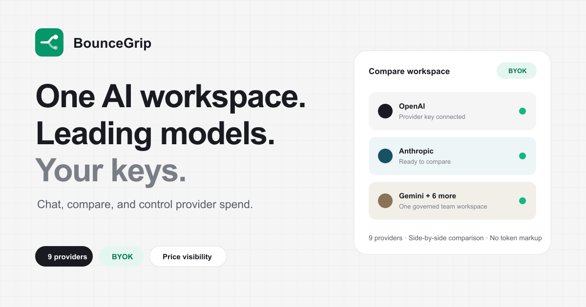 BounceGrip BYOK AI workspace for teams comparing OpenAI, Claude, Gemini, and other model providers